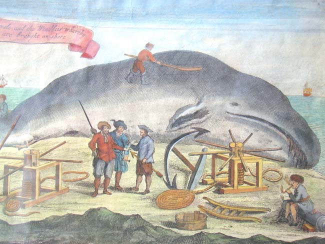 A Charming mid 18th century Hand Colored Engraving of a Whaling Scene